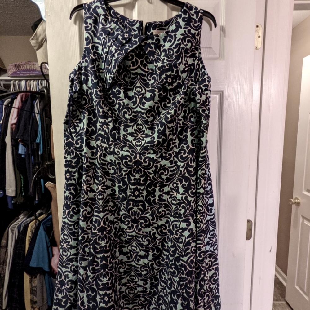 Navy, turquoise and white fit and flare dress